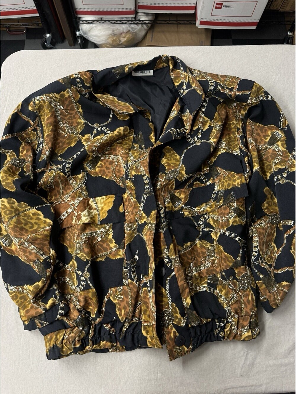Vintage silkworms Women’s Bomber Jacket Chain Cheetah Print Black Gold Brown